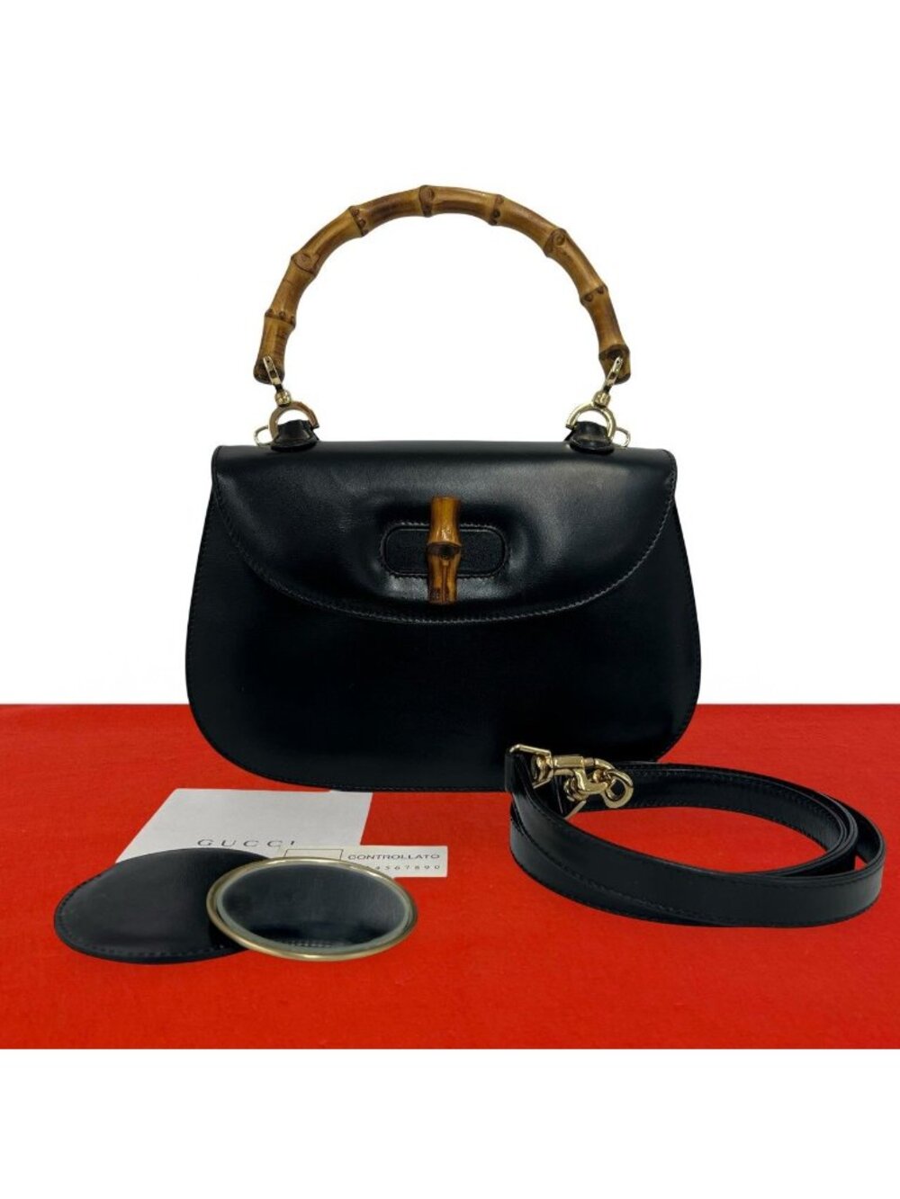 Gucci Vintage Bamboo Leather 2-Way Shoulder Bag Black